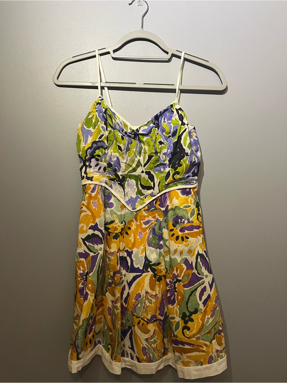 Storia Floral Spaghetti-Strap Mini Dress in Yellow, Purple & Green